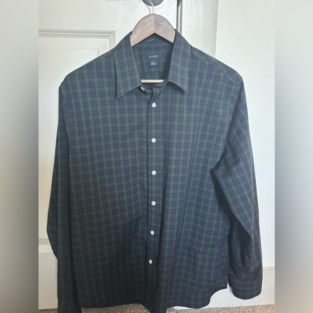 J. Crew Men's Green and Navy Plaid Shirt